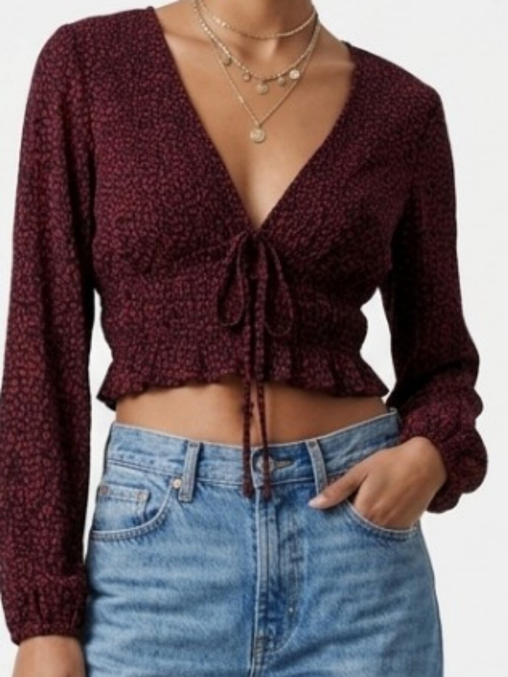 Zara Burgundy Black Leopard-Print Wrap-look Crop Top
